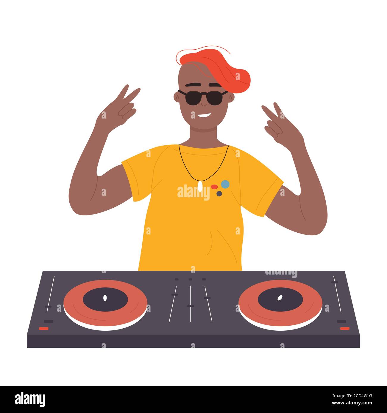 Black African American DJ man on musical party vector illustration. Cartoon flat male DJ character with turntable mixer making contemporary music in night club, spinning disc isolated on white Stock Vector