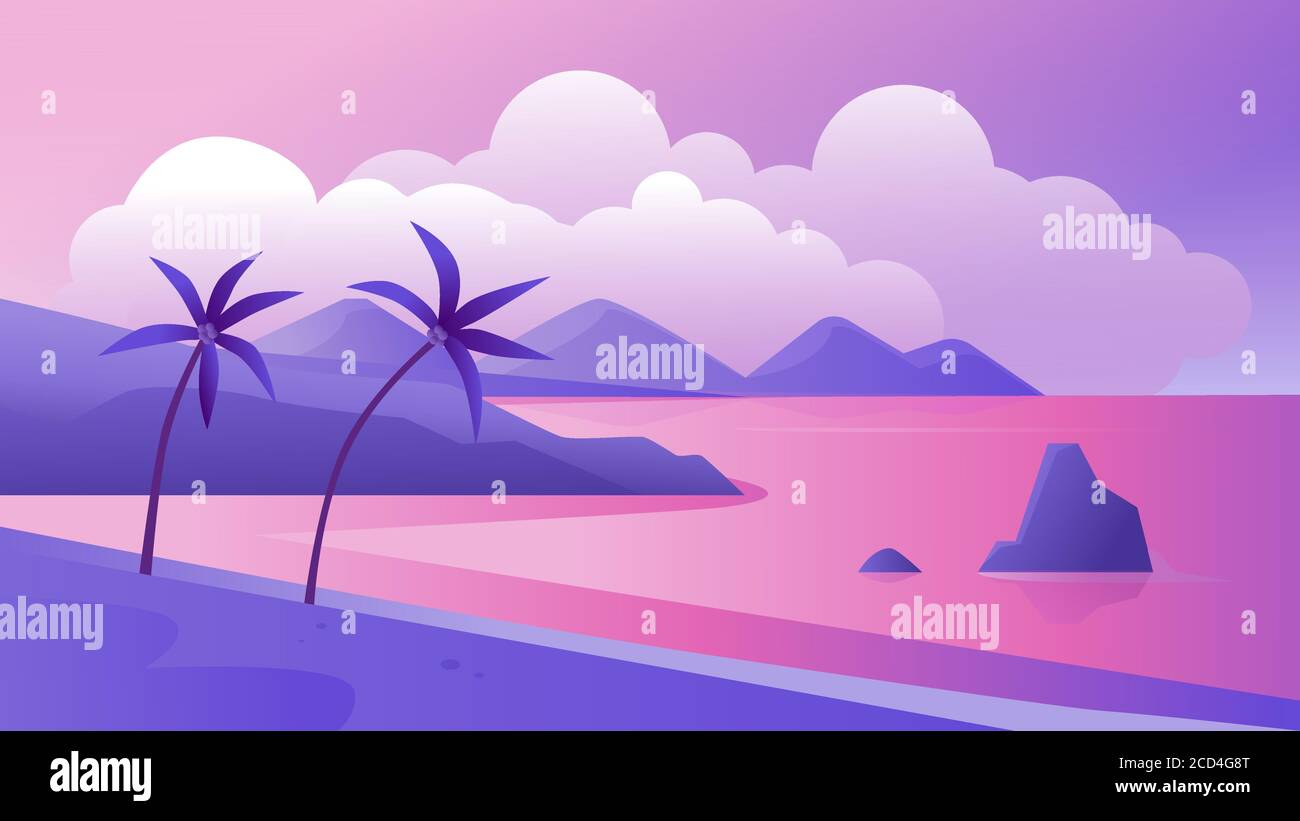 Night tropical coast landscape vector illustration. Cartoon flat tropics purple romantic panoramic scenery with evening beach, palm trees and sea, exotic paradise island coastline scene background Stock Vector