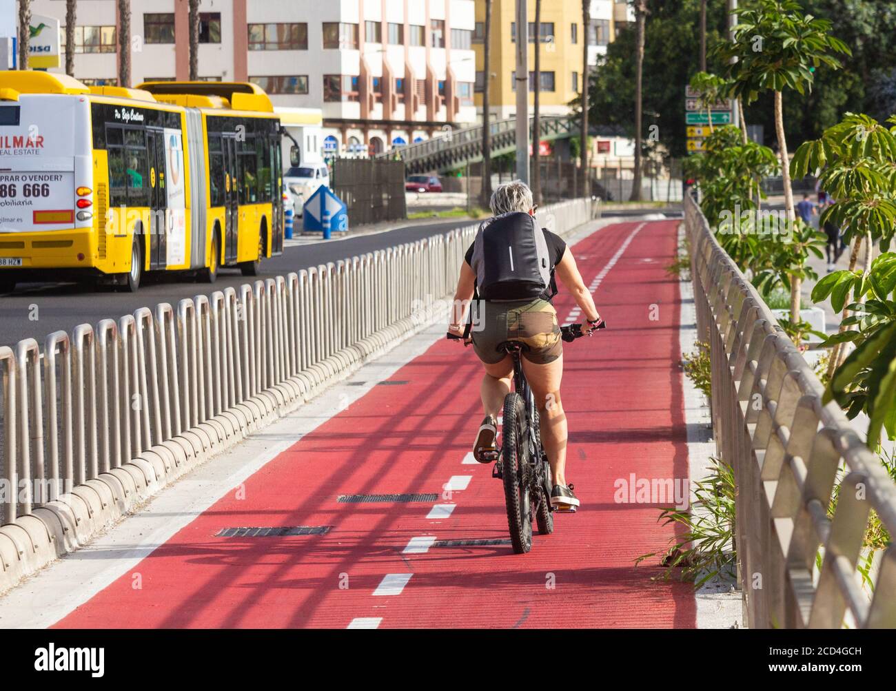 Cycle path segregated from traffic in Las Palmas city on Gran Canaria, Canary Islands, Spain. Stock Photo