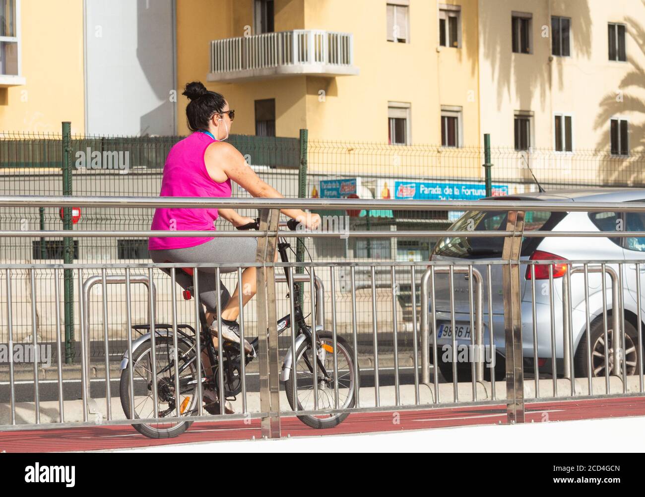 Cycle path segregated from traffic in Las Palmas city side viewon Gran Canaria, Canary Islands, Spain. Stock Photo