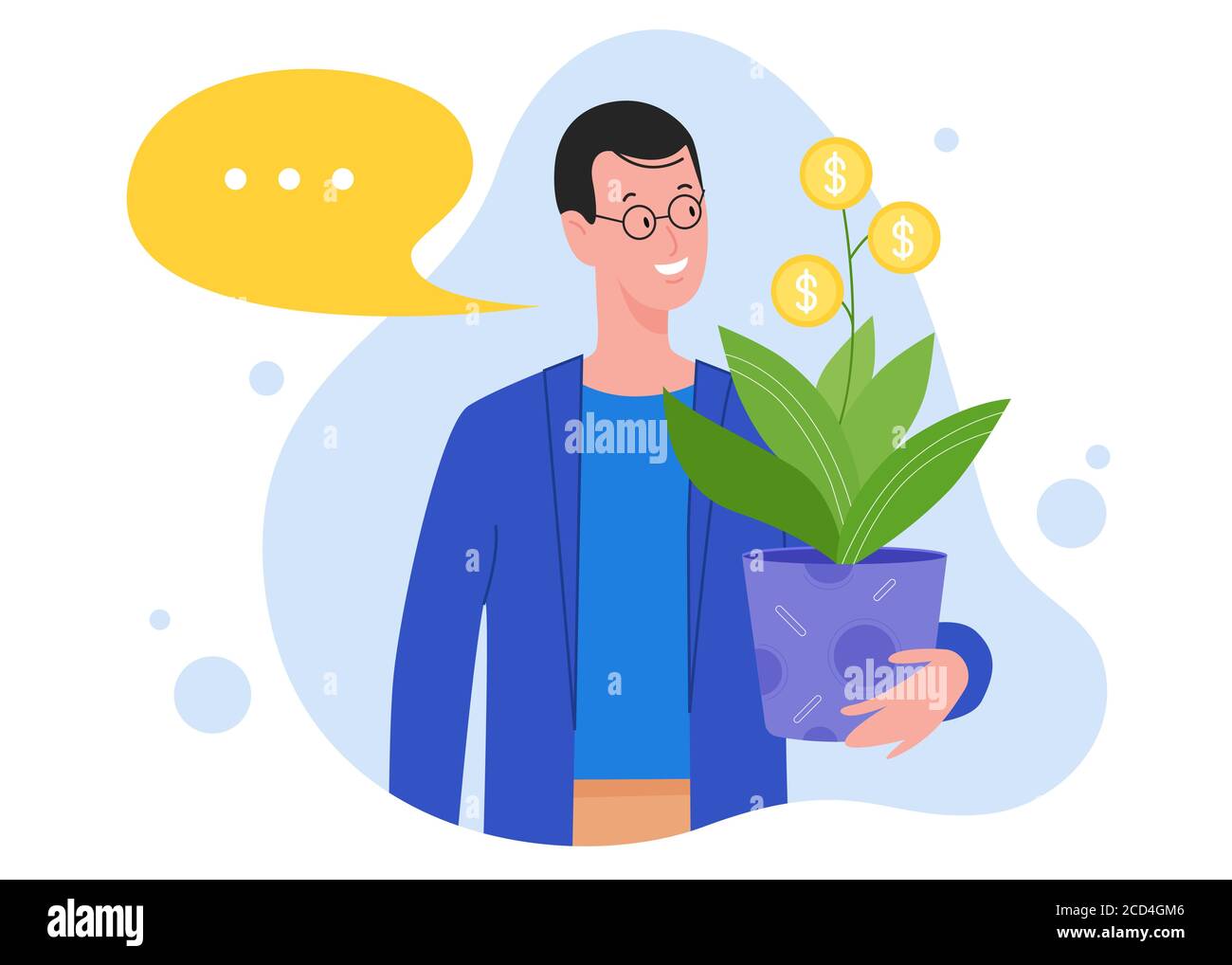 Success investment concept vector illustration. Cartoon flat happy man investor character holding money coin plant pot, investing in successful business project, financial profit isolated on white Stock Vector