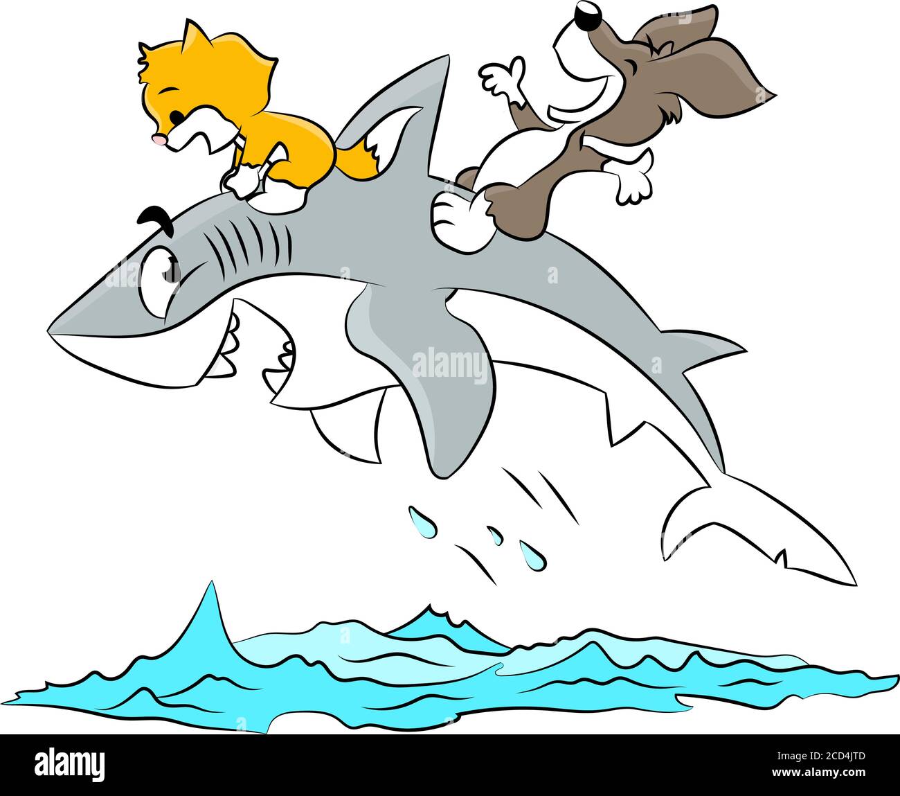 Cartoon cat and dog riding a shark enjoying summer vacation vector illustration Stock Vector