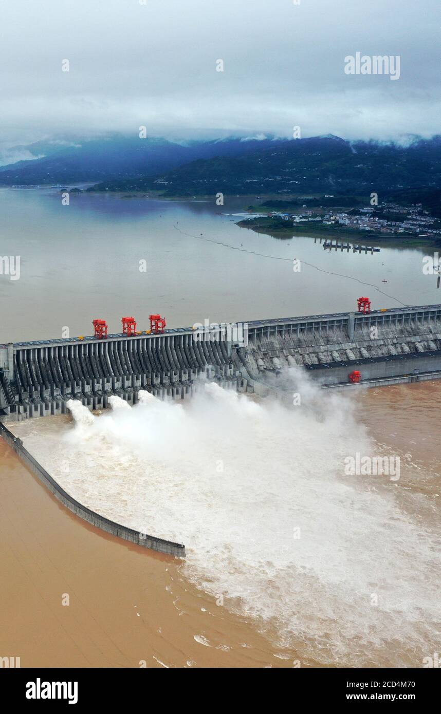 An aerial view of the Three Gorges Dam discharging water as the second, as well as the largest, flood of 2020 arrives, Yichang city, central China's H Stock Photo