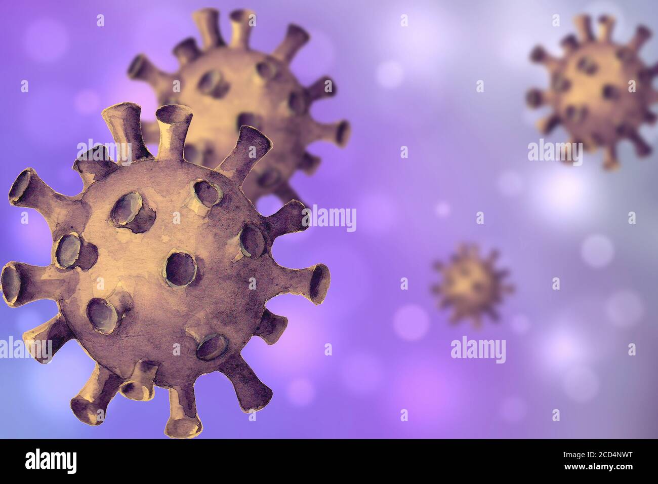 Virus purple background. Hand drawn 3d imitation Coronavirus 2019-nCoV cells. Dangerous respiratory corona virus from Wuhan, China. Print template for Stock Photo