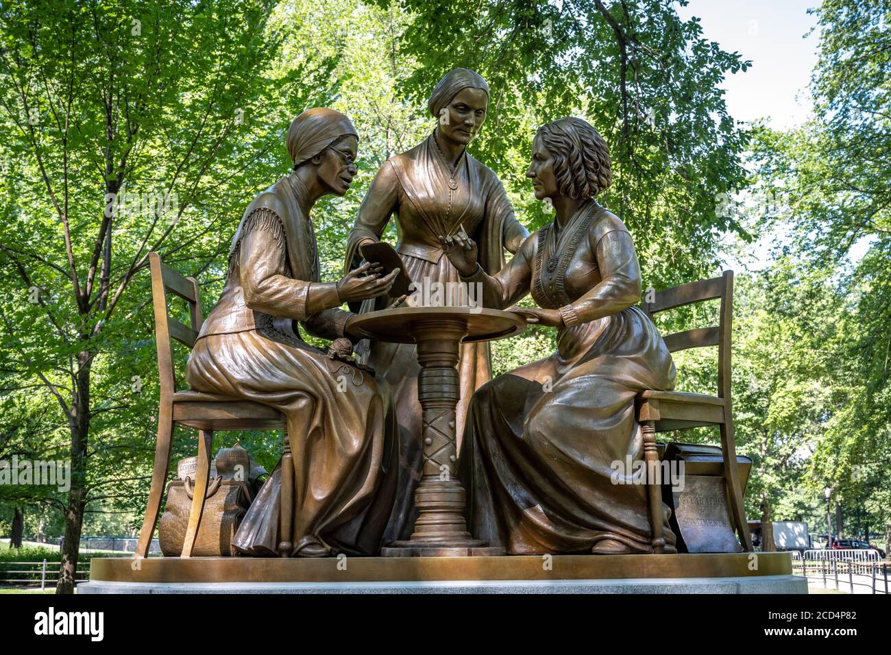 New York, USA. 26th Aug, 2020. The new statue 'The Women's Rights Pioneers Monument' moments after it was unveiled in New York city. The first monument added to Central Park since 1965 consists of bronze figures of women's rights activists Sojourner Truth, Susan B. Anthony, and Elizabeth Cady Stanton and it's also the first monument in Central Park to depict actual women. Credit: Enrique Shore/Alamy Live News Stock Photo