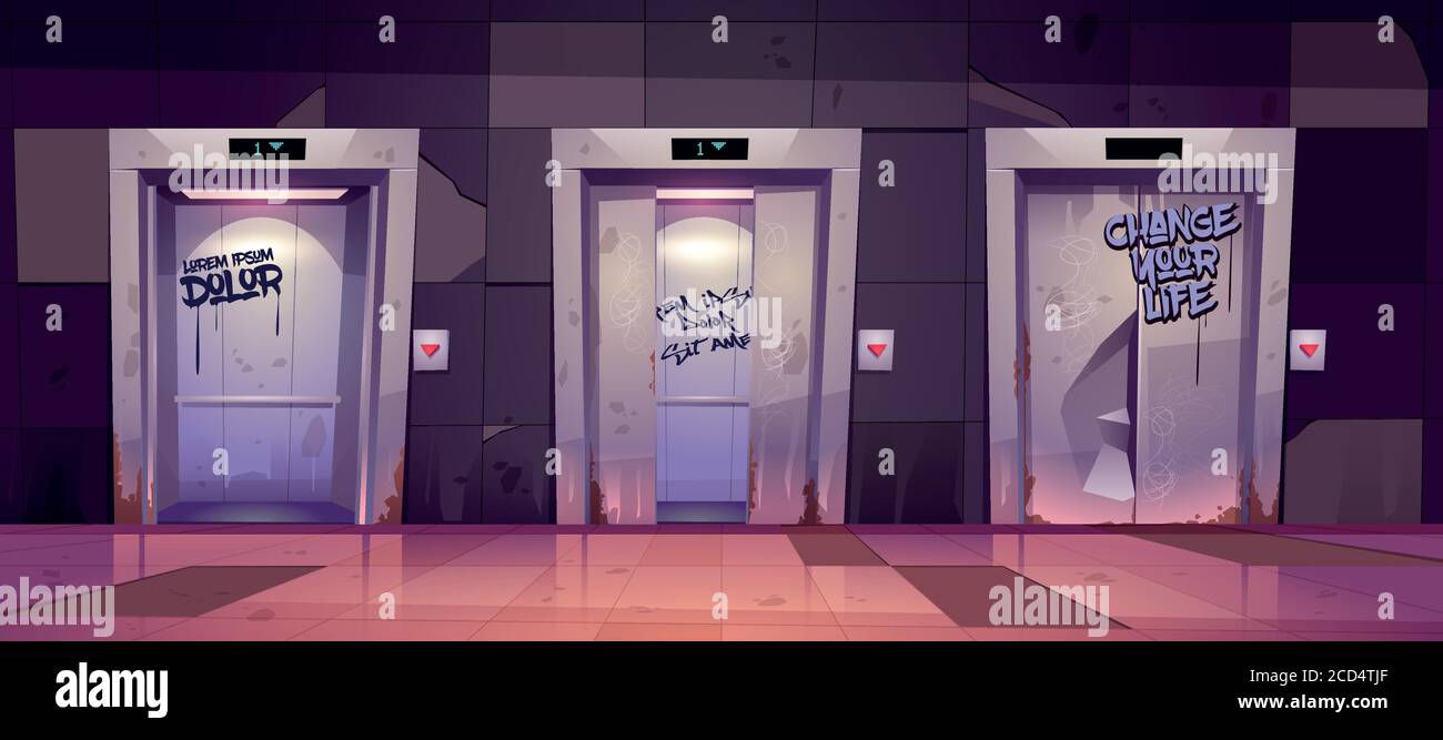 Old dirty hallway with open and closed elevator doors. Vector cartoon  illustration of empty lobby interior