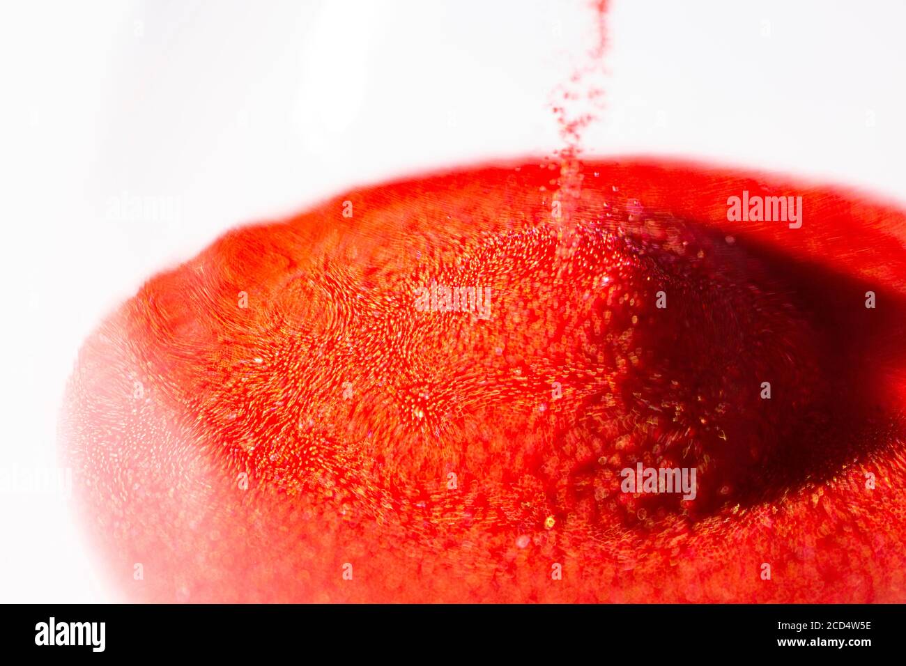 hourglass with red sand used to measure time flow, macro photography Stock Photo