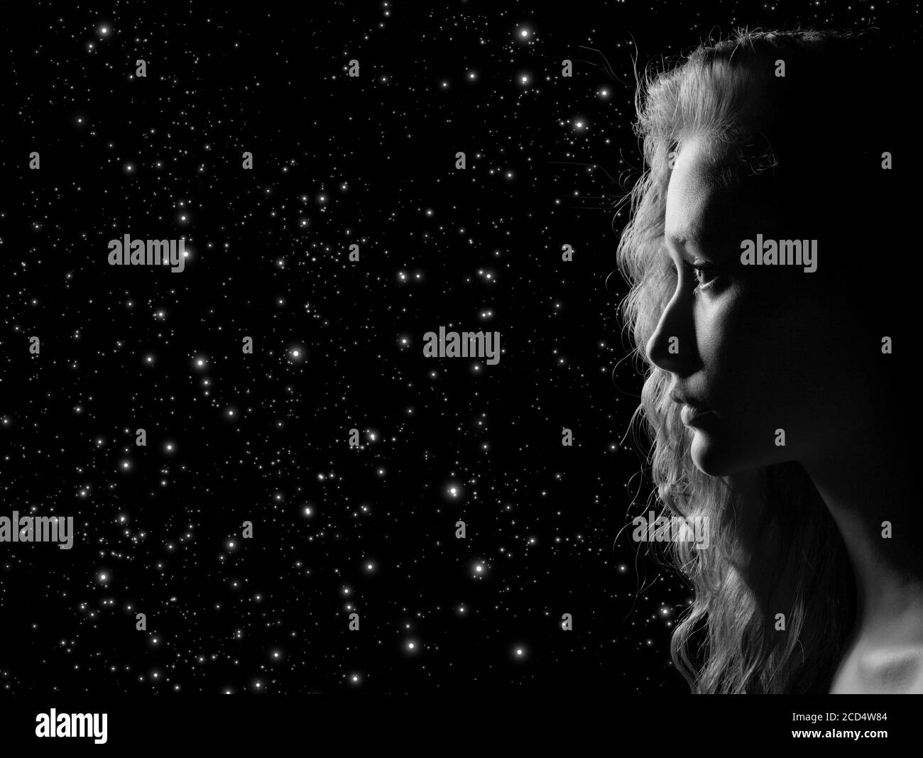 profile of young sad woman on stars background with copy space, monochrome  Stock Photo - Alamy