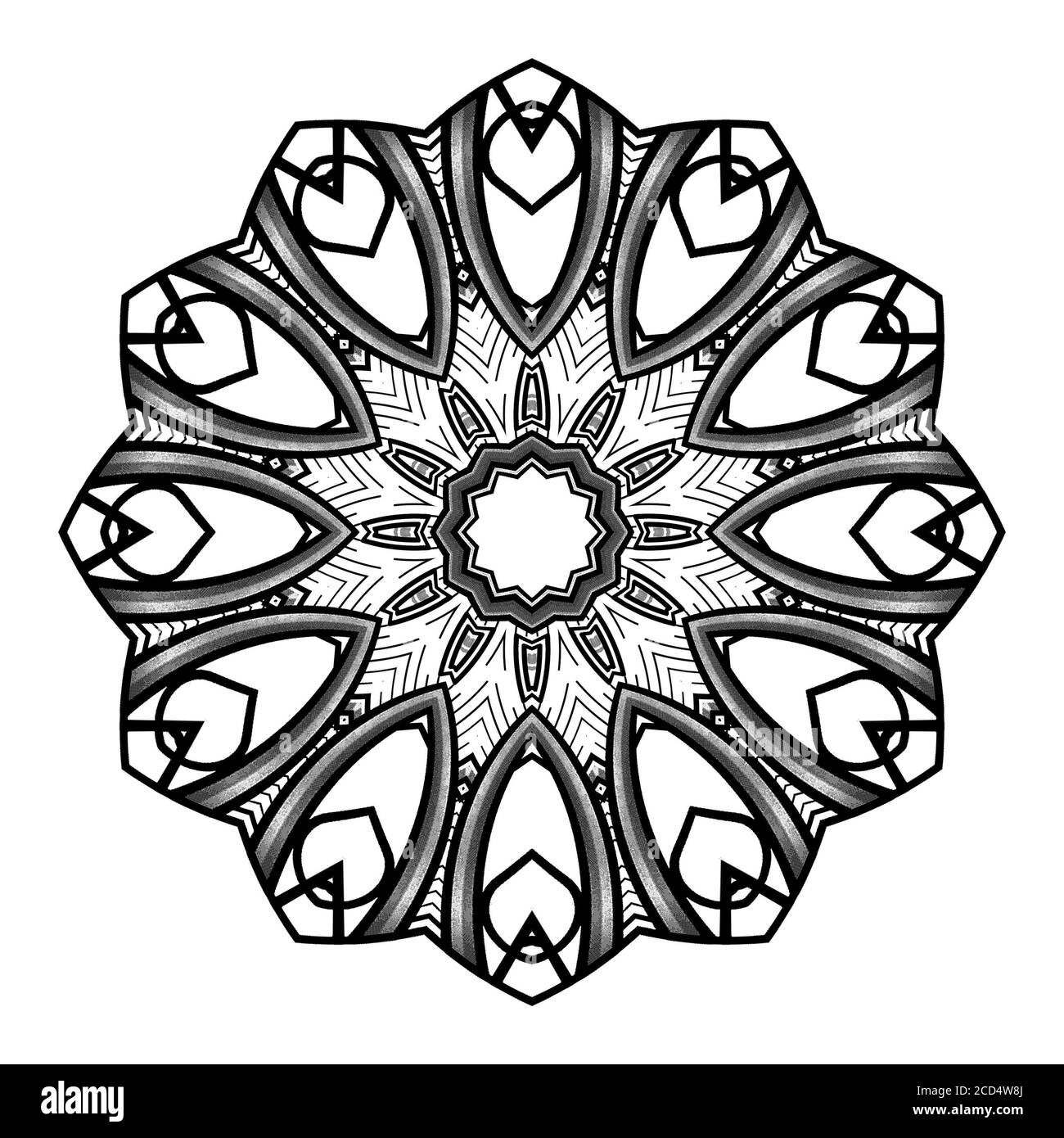 Beautiful and elegant monochromatic symmetrical mandala designs on solid sheet of wallpaper. Concept of home decor and interior designing. Stock Photo