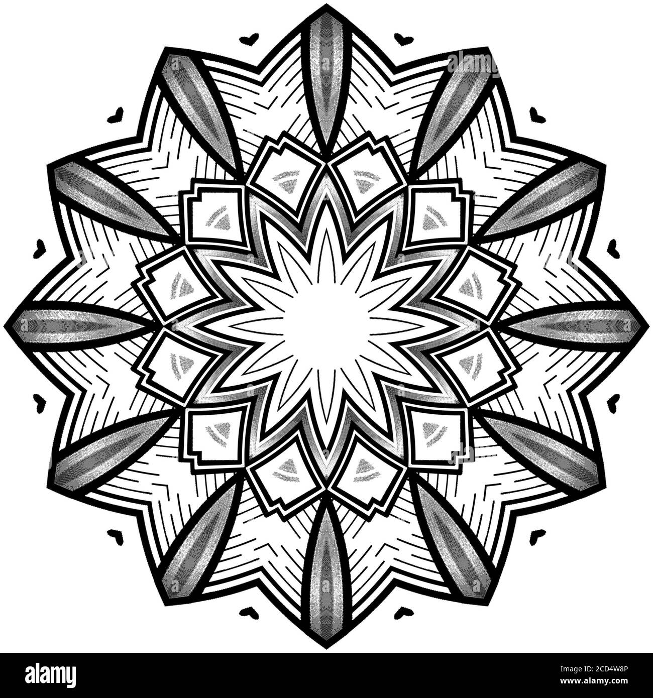 Beautiful and elegant monochromatic symmetrical mandala designs on solid sheet of wallpaper. Concept of home decor and interior designing. Stock Photo