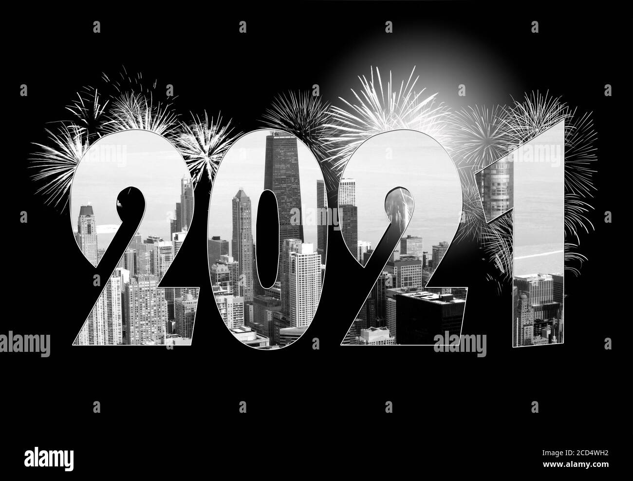 New Year 2021 text and Chicago skyline photo with fireworks on black night sky background Stock Photo