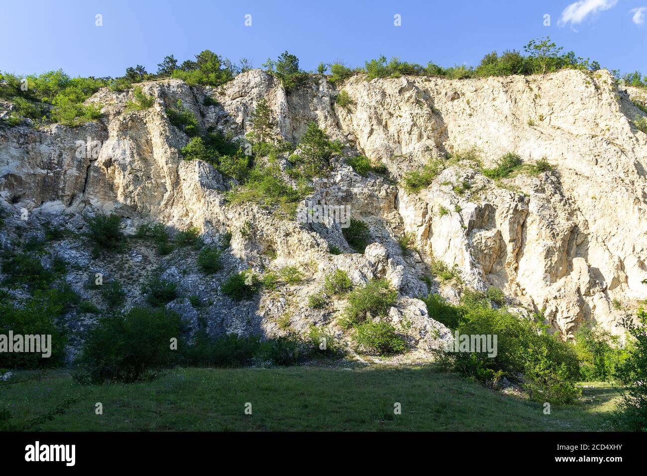 Quarry near village Perna. Calcite mountain with trees and grass. Palava, Czech republic Stock Photo