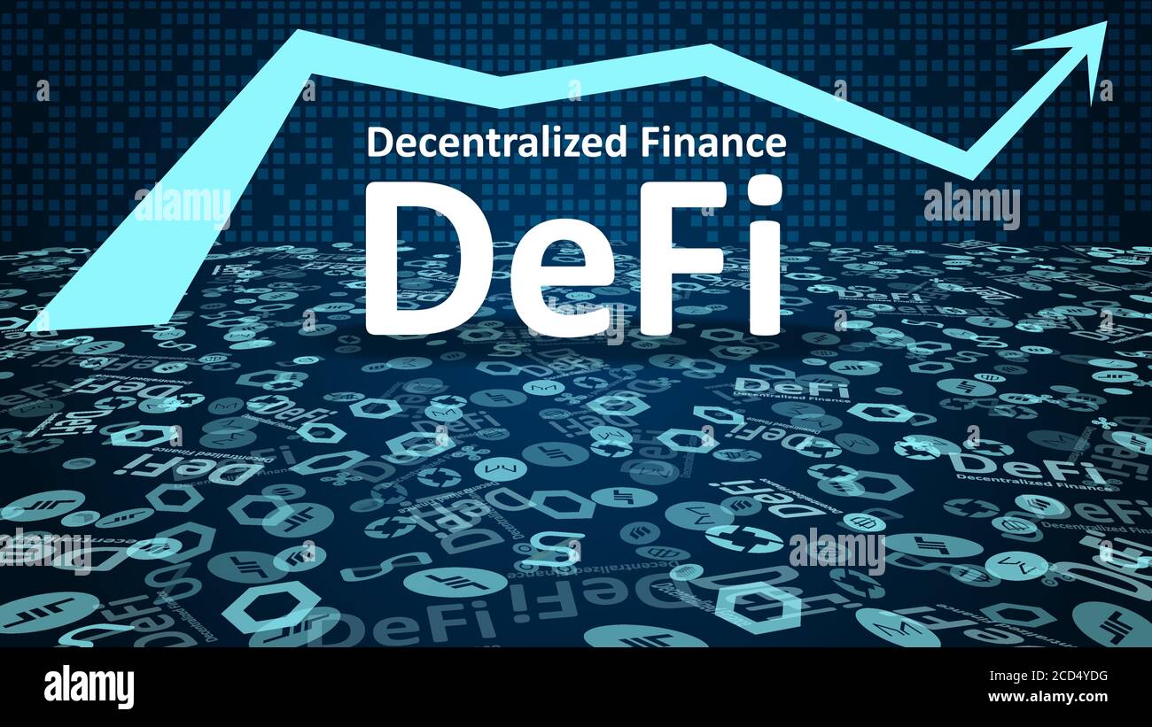 DeFi - decentralized finance with altcoin logos and up arrow symbol on dark blue background. Signs of the largest projects in the DeFi sector. Stock Vector