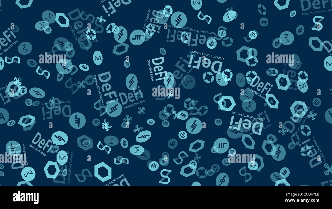 DeFi seamless pattern - decentralized finance with altcoin logos on a blue background. Signs of the largest projects in the DeFi sector. Vector 10. Stock Vector