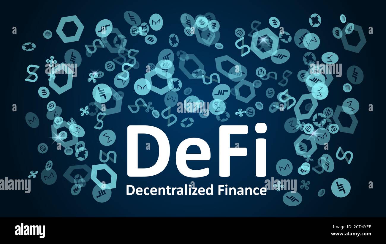 DeFi - decentralized finance with altcoin logos on a dark blue background. Signs of the largest projects in the DeFi sector. Vignetting. Vector 10. Stock Vector