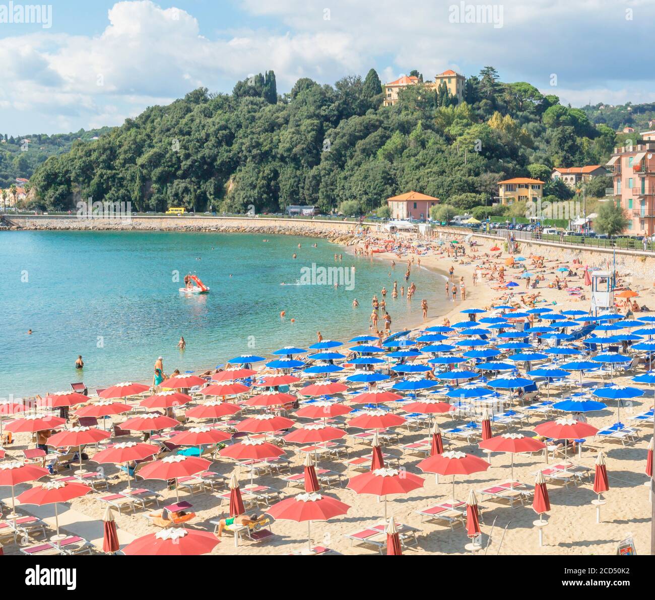 Beach, elevated view, Lerici, La Spezia district, Liguria, Italy, Stock Photo