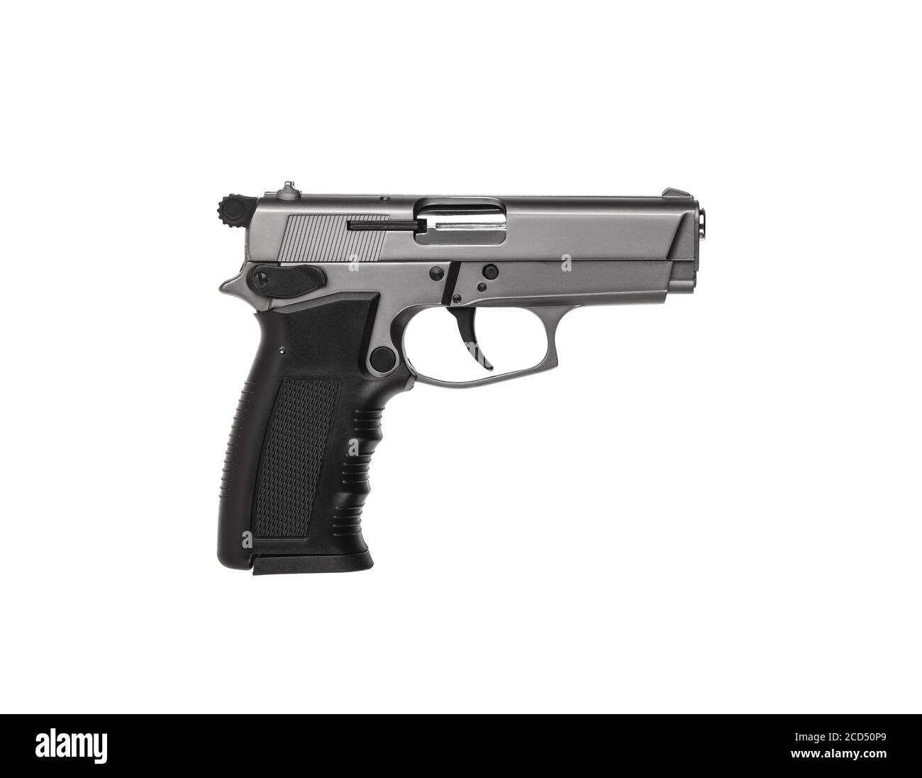 Modern silver semi-automatic pistol isolate on a white background ...