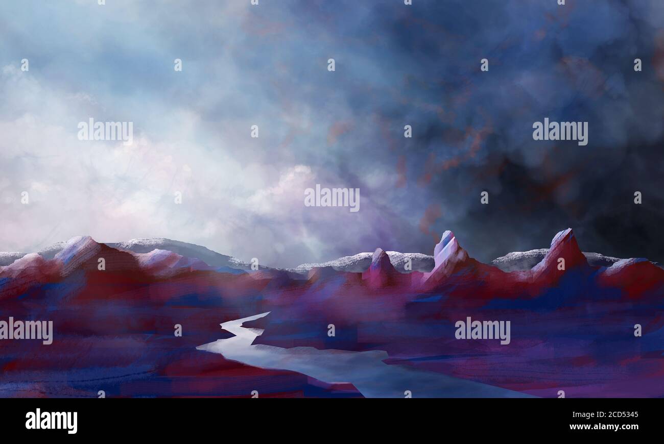 Modern Mountain Landscape Illustration In Violet Color With Dramatic Sky And Sun Rays Hand Digital Painting Stock Photo Alamy