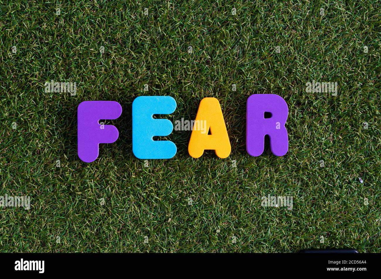 Capital letter 'Fear' word from colorful of wood on grass background. Stock Photo