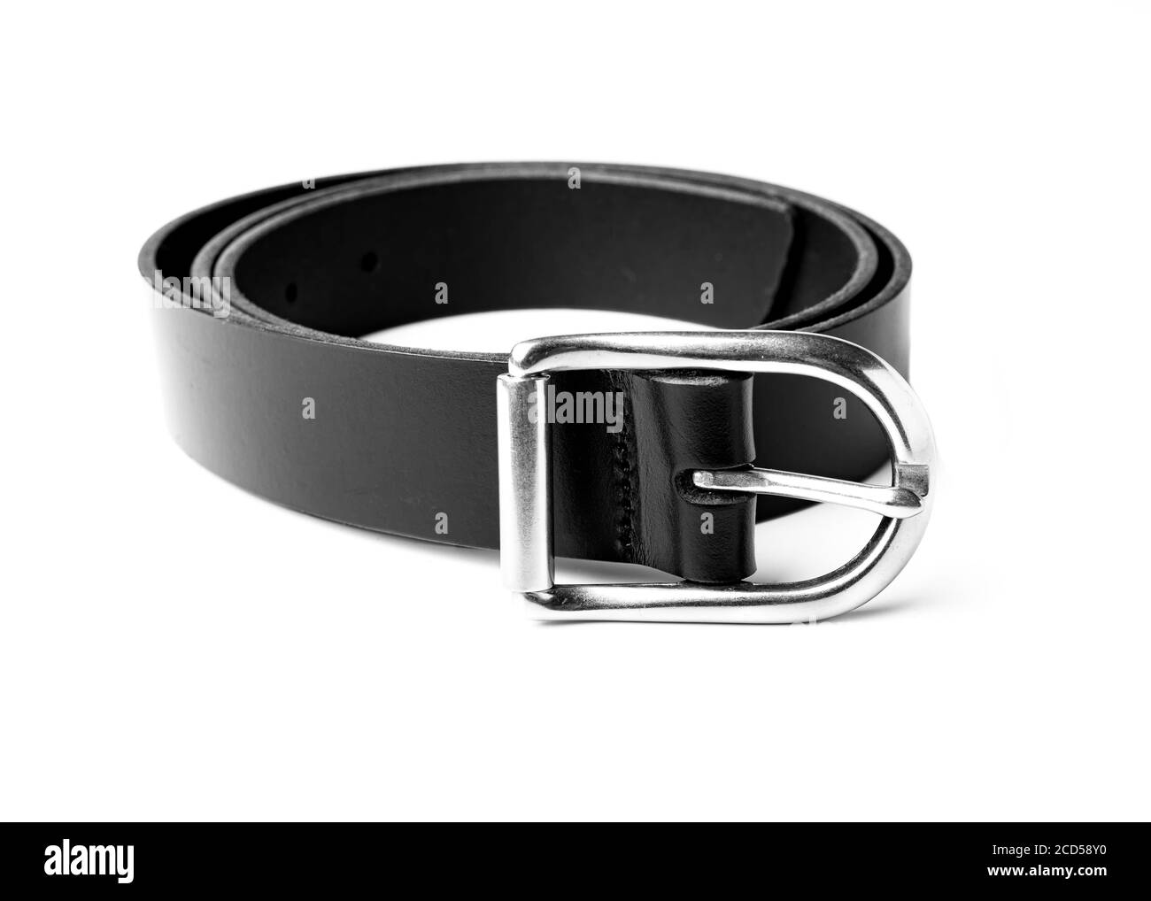 Simple black leather belt on a white background Stock Photo Alamy