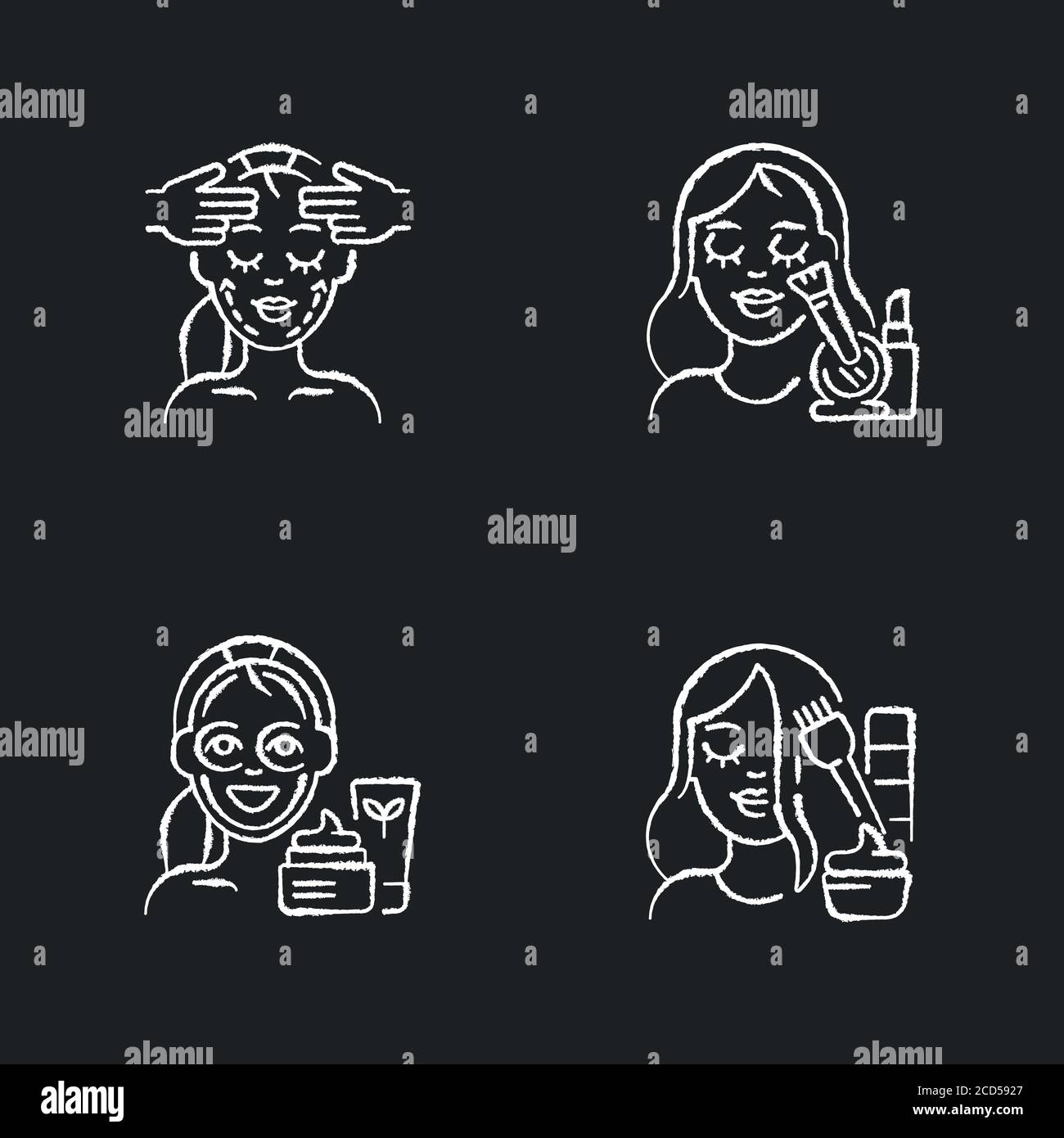 Women beauty procedures chalk white icons set on black background Stock Vector