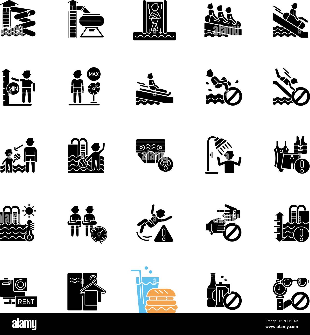 Water park black glyph icons set on white space Stock Vector Image ...