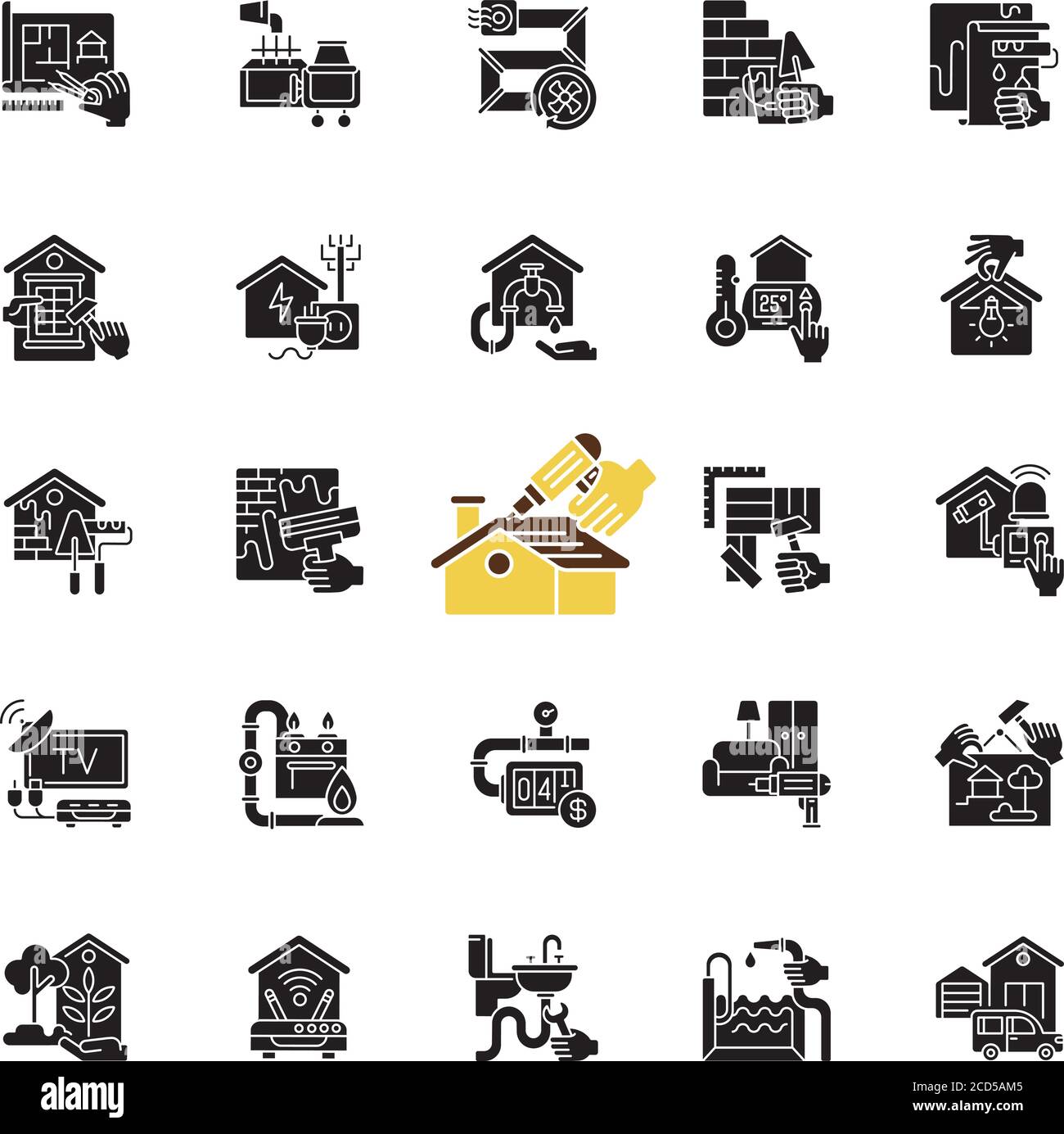Building and repair house black glyph icons set on white space Stock ...