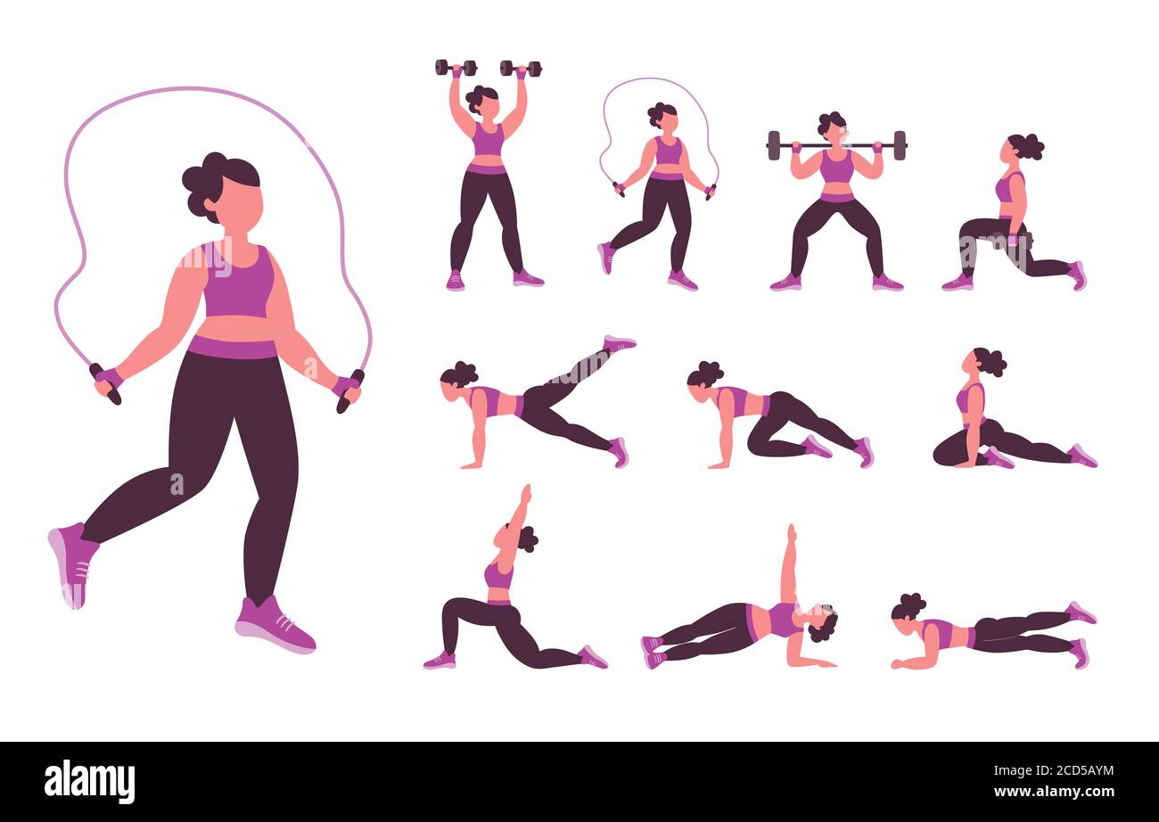 Collection of strength and calisthenics exercises that you can do at home. Set 2 of 2. Vector illustration with characters isolated on white backgroun Stock Vector