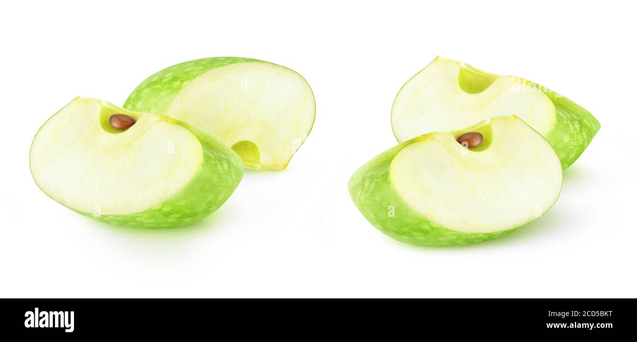 Isolated apple wedges. Two slices of green Granny Smith apples isolated on white background Stock Photo