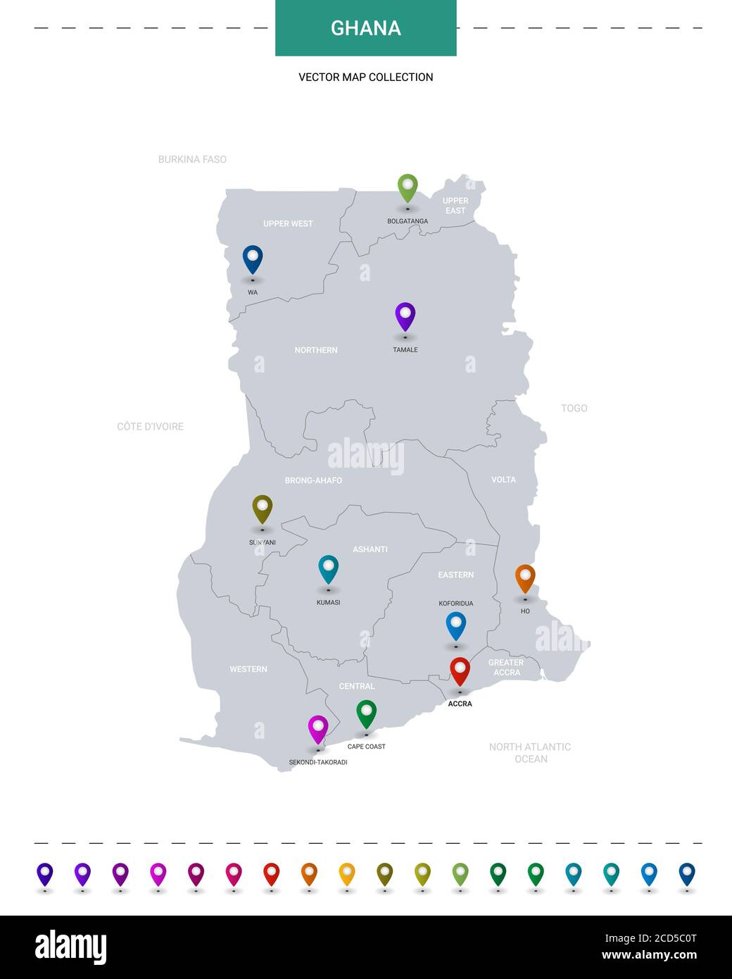 Ghana map with location pointer marks. Infographic vector template, isolated on white background