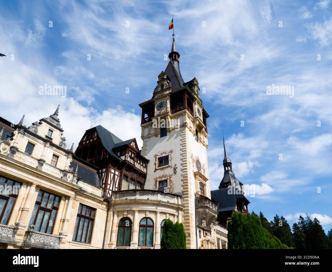 View of exterior of Peles Castle, Sinaia, Transylvania, Romania Stock Photo