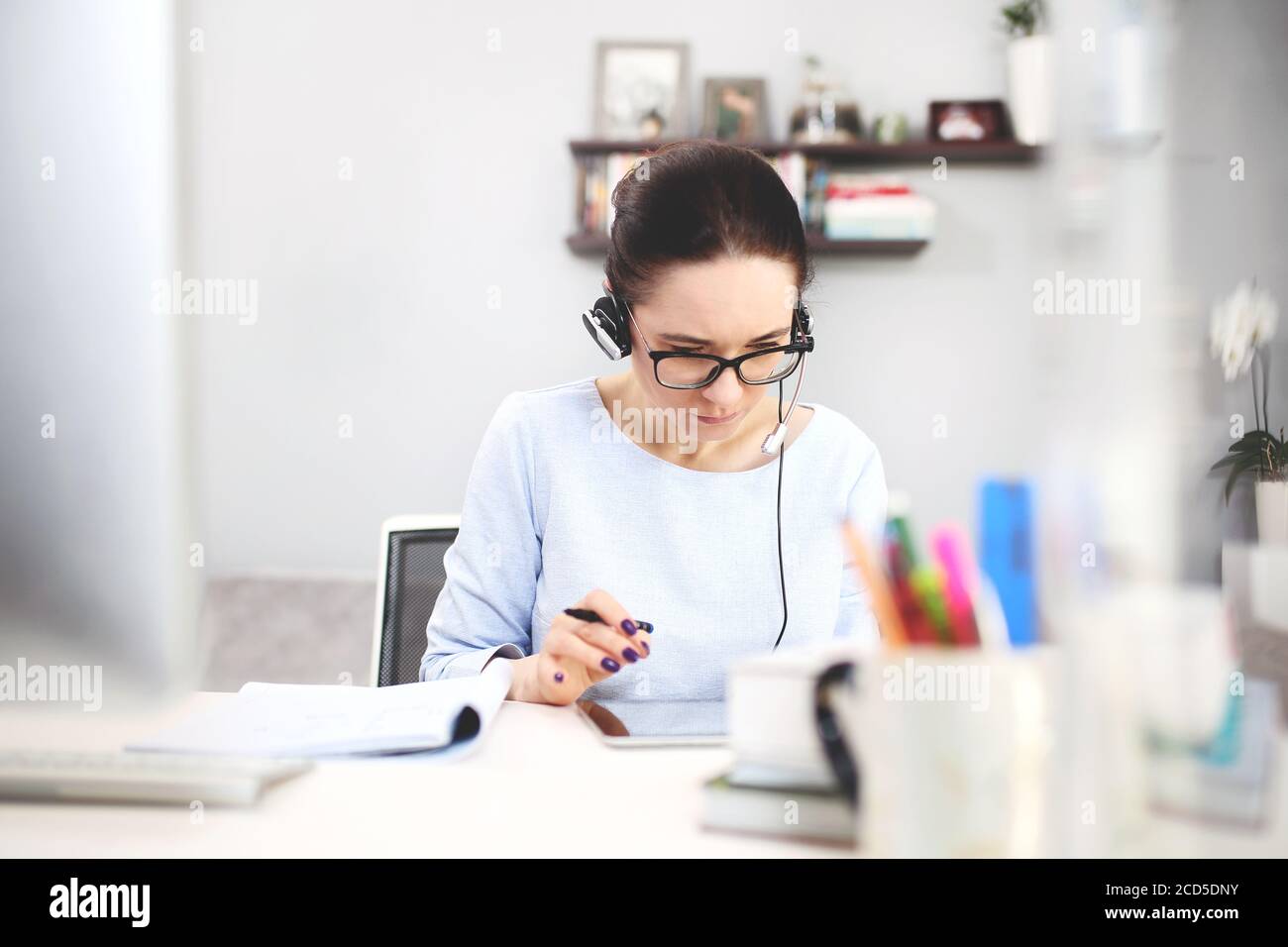 Online lesson.E-learning.  The teacher conducts the lesson online. Stock Photo