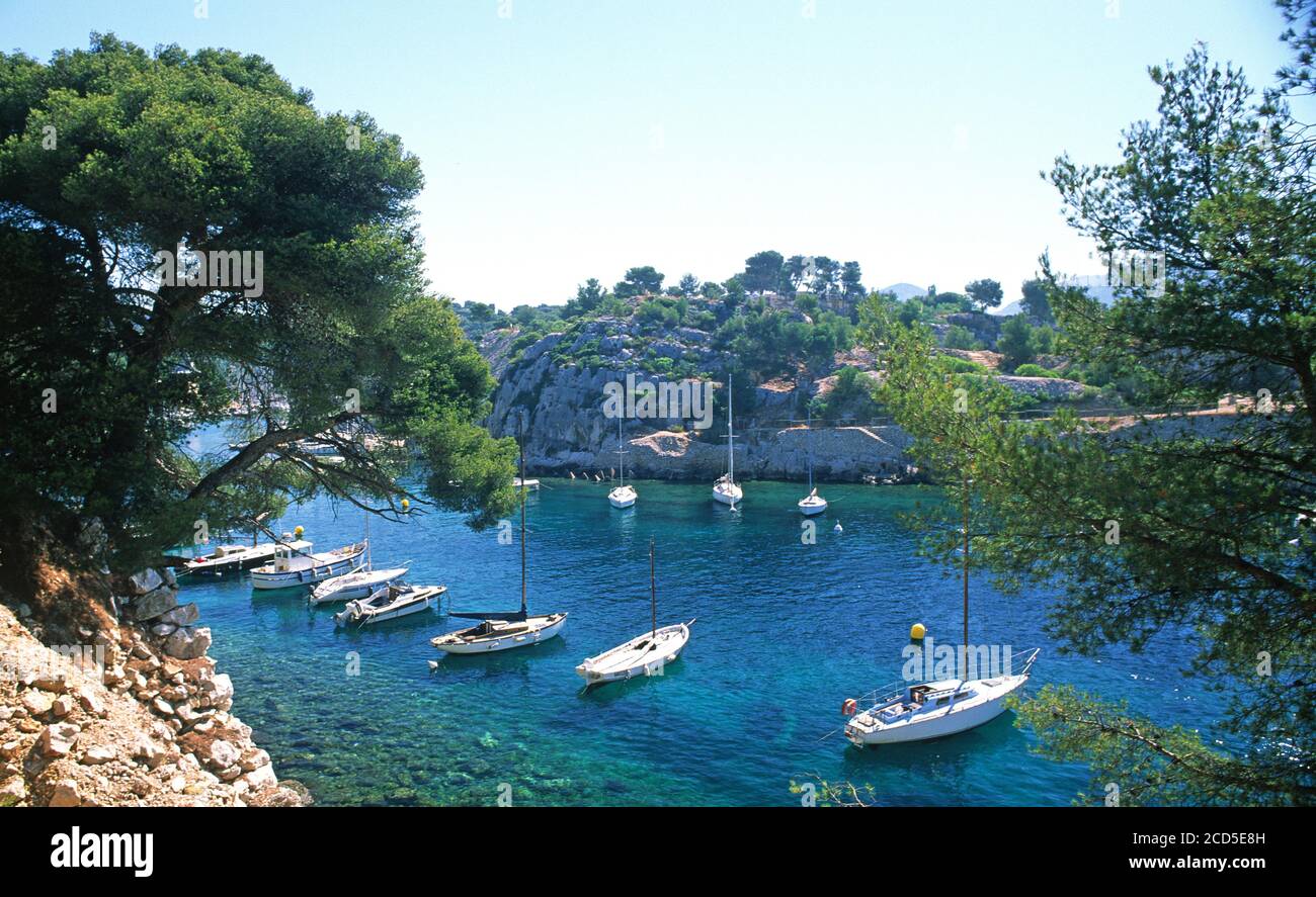 Boats moored in the calanque of Port Miou Cassis Stock Photo