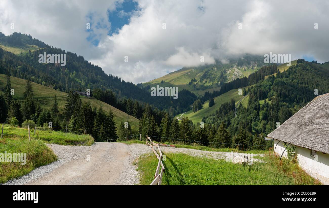 Walking path, old farm and the view on Le Moleson in the clouds, Switzerland Stock Photo