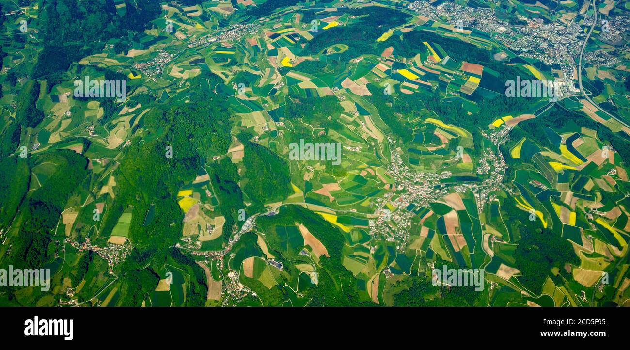 Aerial view of patchwork landscape with agricultural fields, Baden-Wurttemberg, Germany Stock Photo
