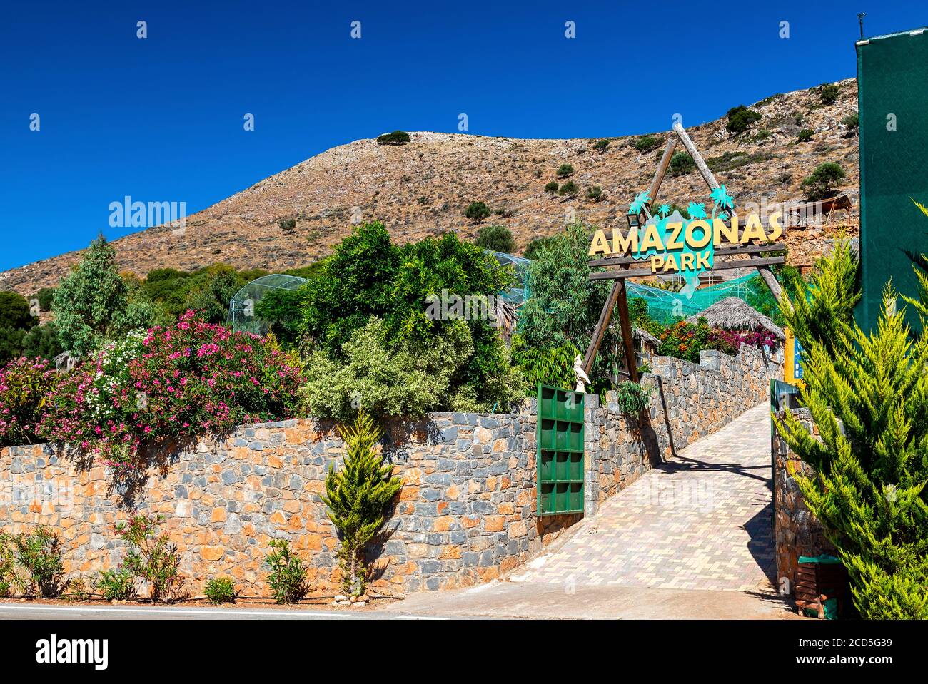The entrance of Amazonas park, a private zoo between Neapolis & Kourounes village, Municipality of Agios Nikolaos, Lassithi, Crete, Greece. Stock Photo
