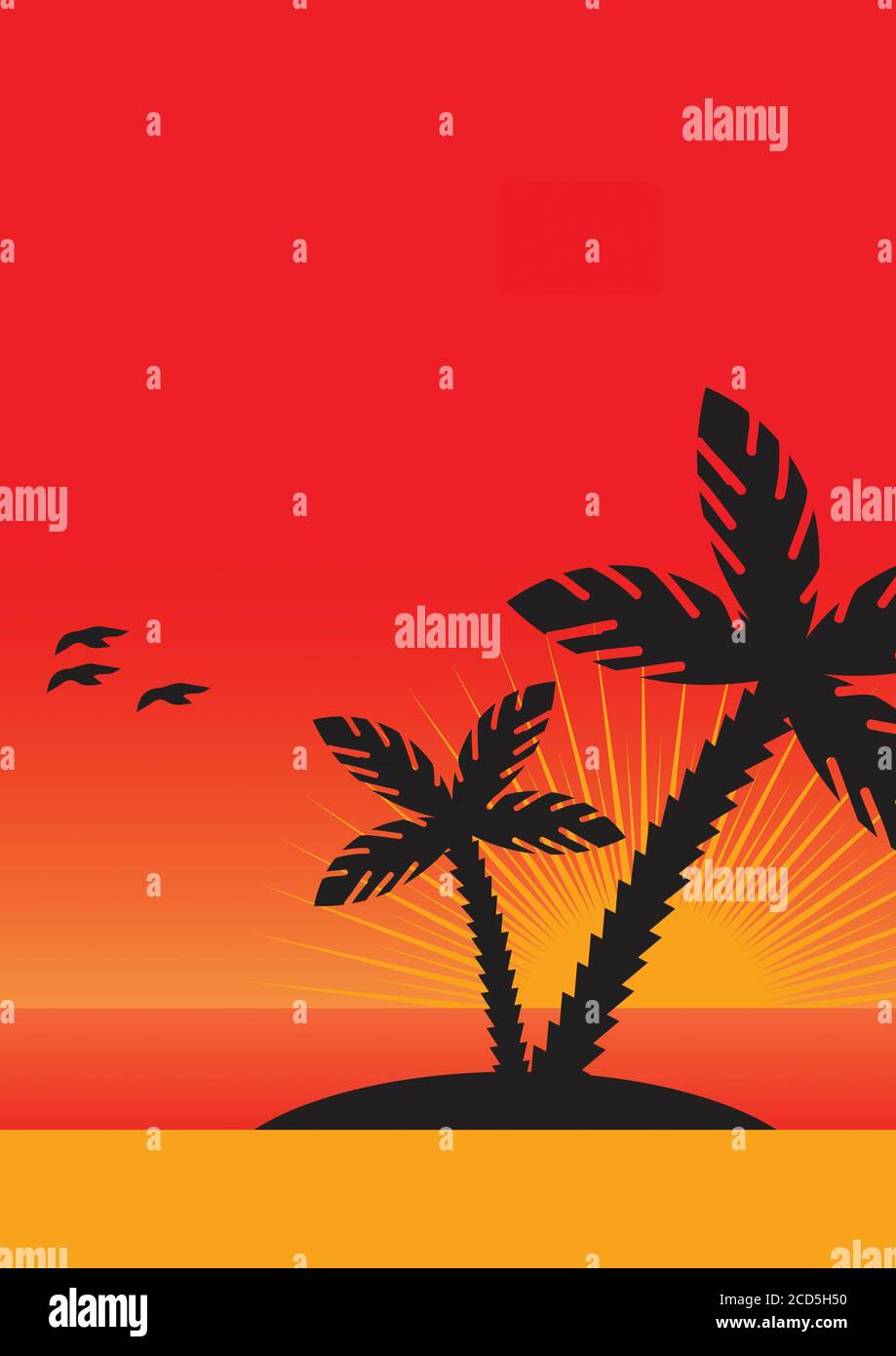 Sunset view over small tropical island with setting sun red sky and water and palm trees silhouette illustration. Stock Photo