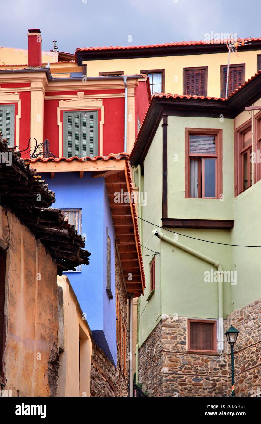 Beautiful, colorful old houses at the old part (known as 'Panagia' neighborhood) of Kavala town , Macedonia, Greece. Stock Photo