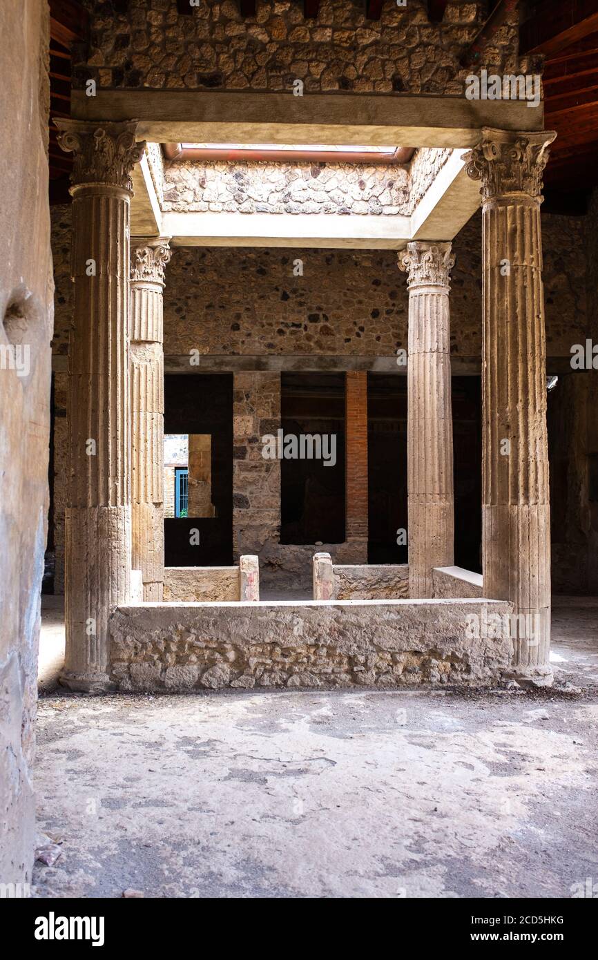 ruins of an ancient Roman house in Pompeii destroyed by the eruption of Vesuvius in 79 BC, Italy Stock Photo