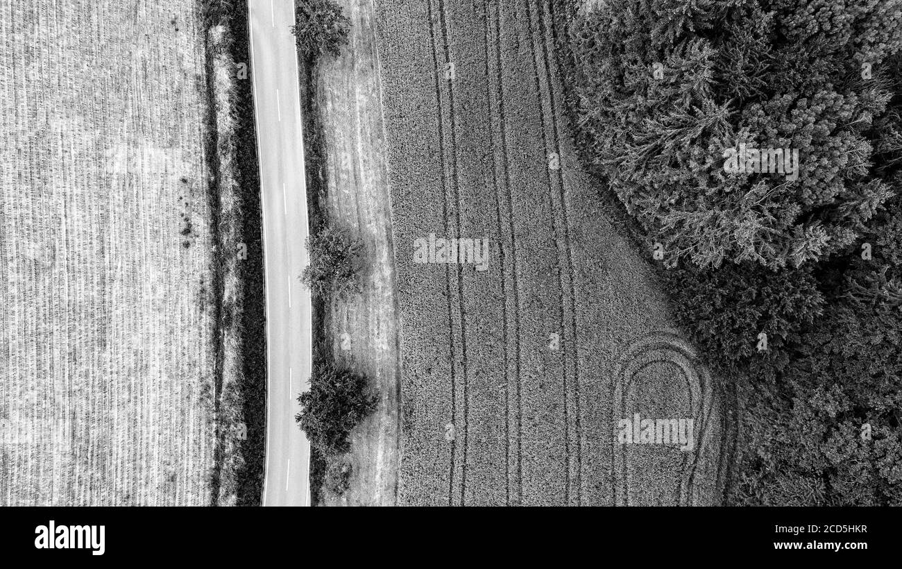 Directly above view of road through rural landscape in black and white Stock Photo