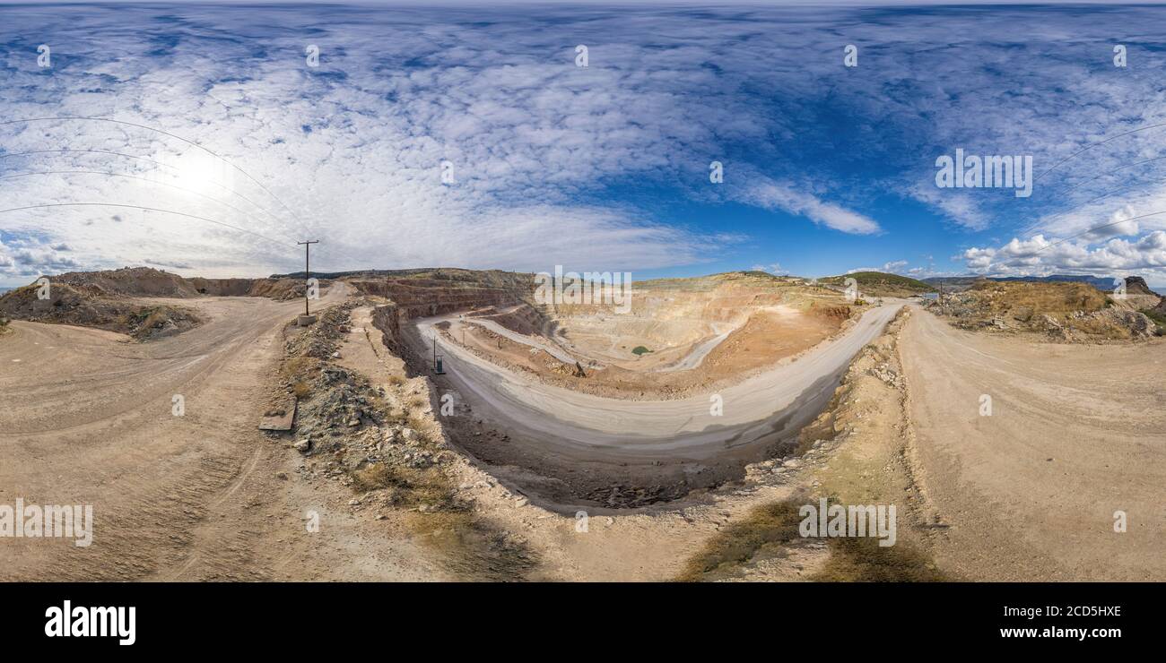 Spherical panorama over quarry, fluxes for the metal industry. Oval ...