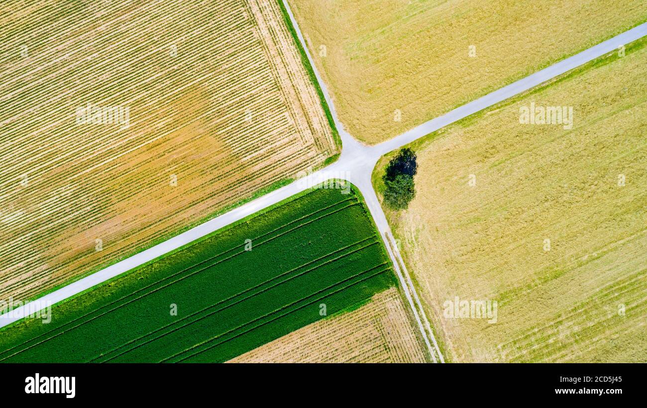 Aerial view of crossroads in rural landscape Stock Photo