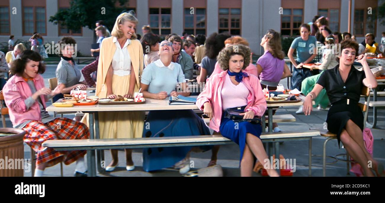 USA. Olivia Newton-John , Didi Conn , Stockard Channing , Dinah Manoff and Jamie Donnelly in a scene from the ©Paramount Pictures movie: Grease (1978). Plot: Good girl Sandy Olsson and greaser Danny Zuko fell in love over the summer. When they unexpectedly discover they're now in the same high school, will they be able to rekindle their romance?  Ref:  LMK110-J6741-140820 Supplied by LMKMEDIA. Editorial Only. Landmark Media is not the copyright owner of these Film or TV stills but provides a service only for recognised Media outlets. pictures@lmkmedia.com Stock Photo