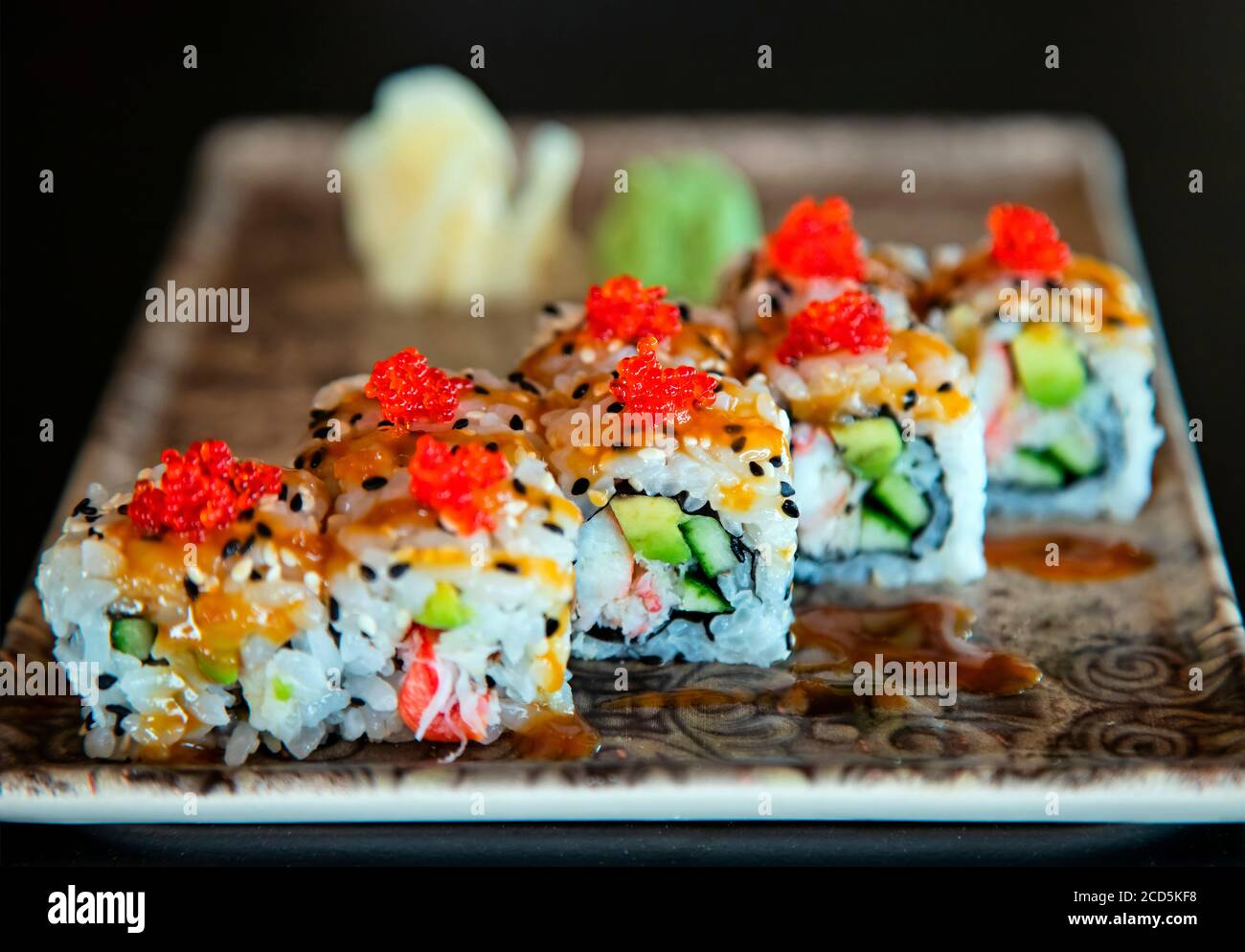 Sushi plate in a sushi bar of a hotel close to Ierapetra town, Crete, Greece. Stock Photo
