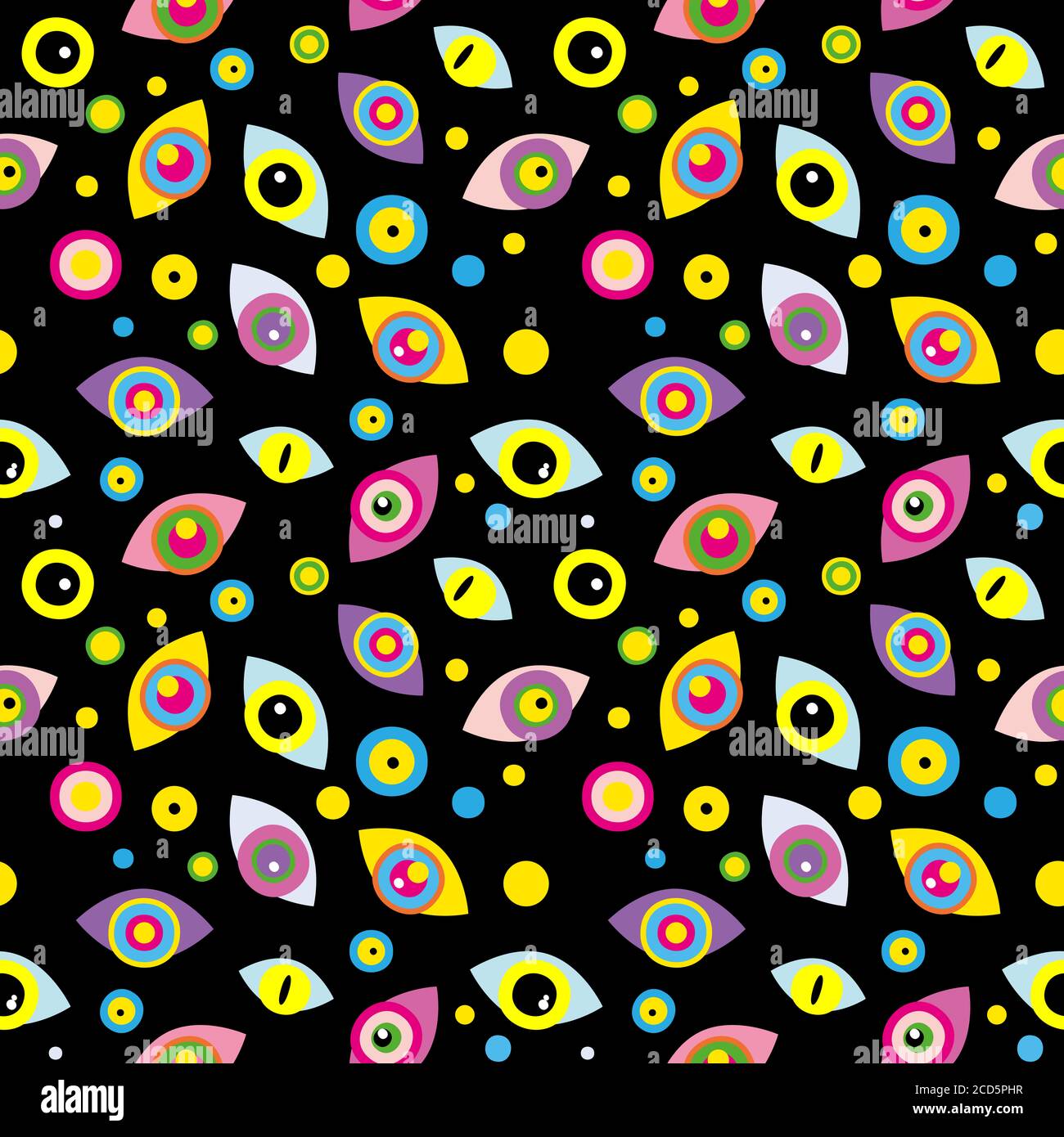 Seamless pattern with colorful abstract eyes, dots on black background Stock Photo