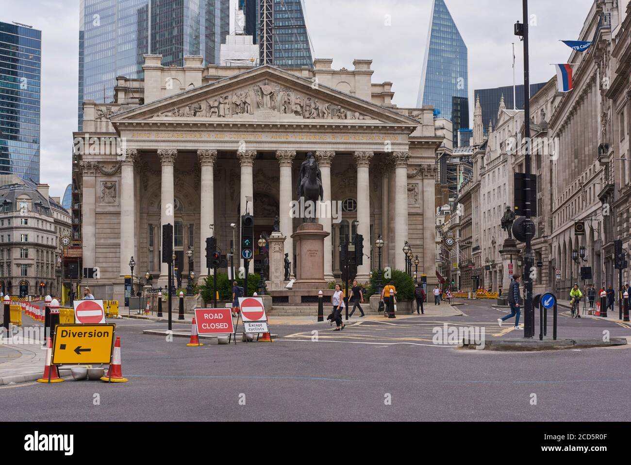 Bank in the City of London, UK, in late August 2020, with no city workers and roadworks, post lockdown Stock Photo