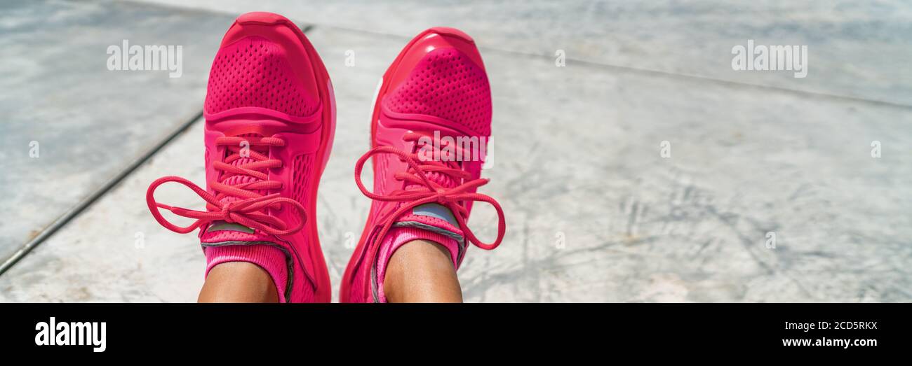 Pink trainers cute girly fashion running shoes feet POV selfie girl training  at gym taking phone photo of her activewear sneakers. Panoramic banner  Stock Photo - Alamy