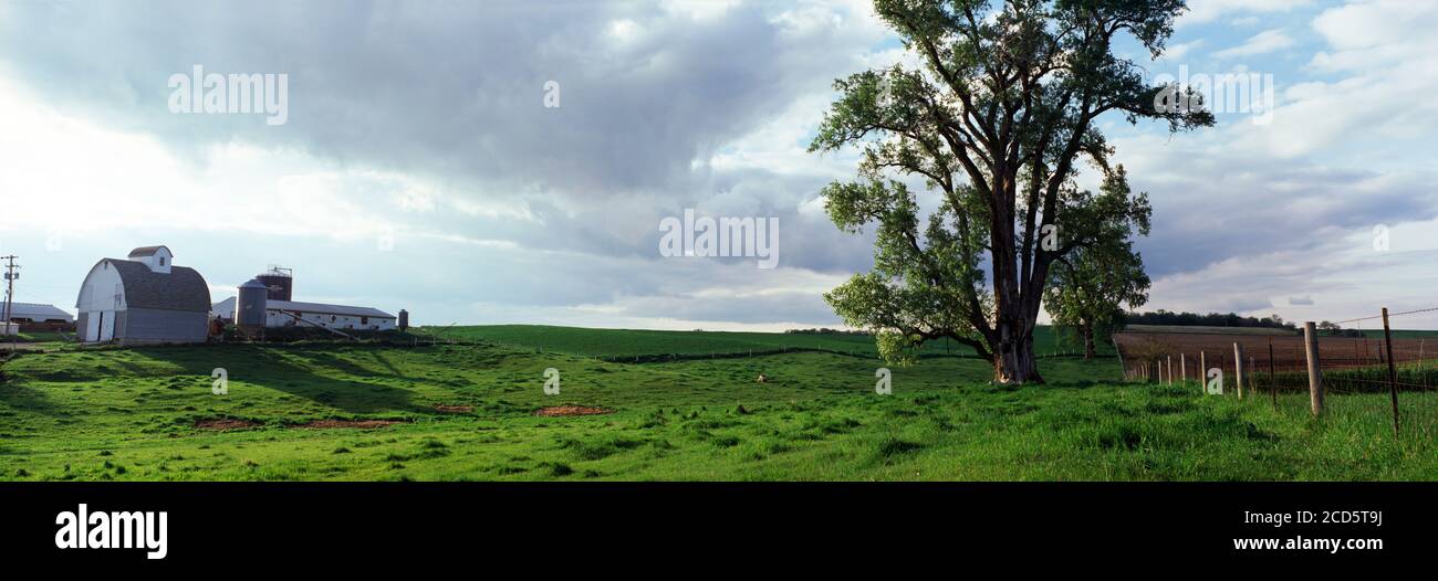 Rural scene with farm house and field Stock Photo