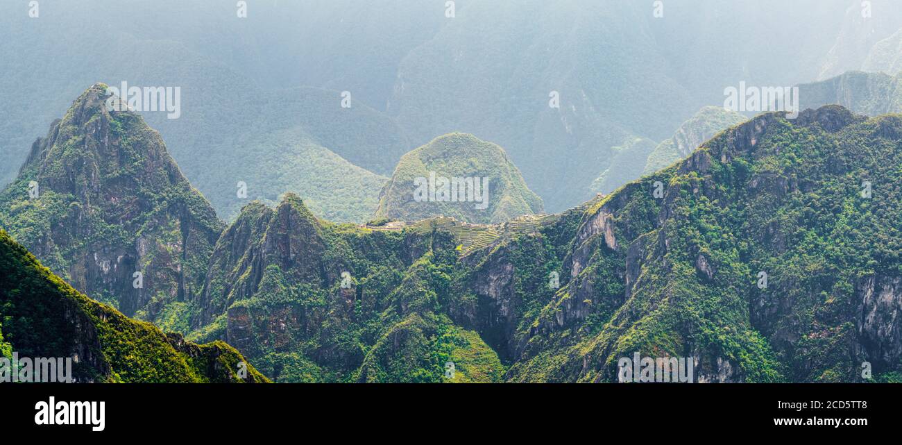 Machu Picchu seen from Llactapata, Peruvian Andes, Peru, South America Stock Photo