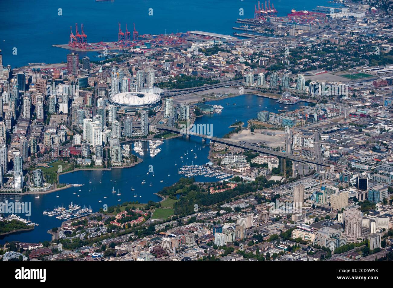 Vancouver, BC, Canada - Flase Creek,BC Place Stadium,Science World and Port of Vancouver aerial view Stock Photo